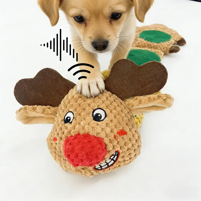 Christmas Pet Gift Reindeer Plush Treat-Hiding Dog Toy with Squeaker-Interactive Food-Storing Pet Chew Toy for Mental Stimulatio