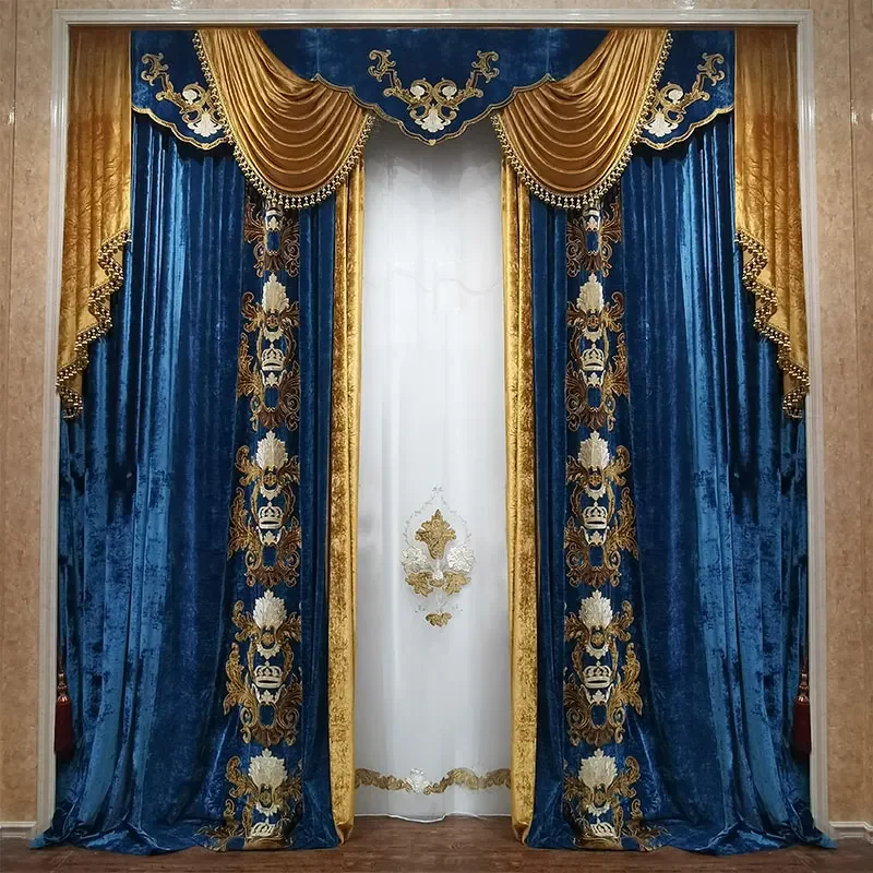 European Palace Luxury High-grade Sapphire Blue Curtain Cloth for Living Room Bedroom Finished Thickened Blackout Velvet Fabric