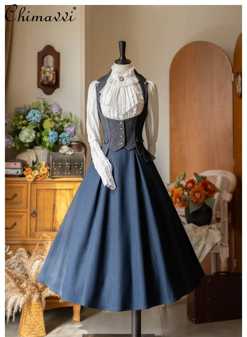 

Весенне-осенняя классическая тонкая рубашка с длинными рукавами в стиле ретро CLA, полосатые юбки, женские комплекты с высокой талией, тонкая длинная юбка в стиле Лолиты, наряды