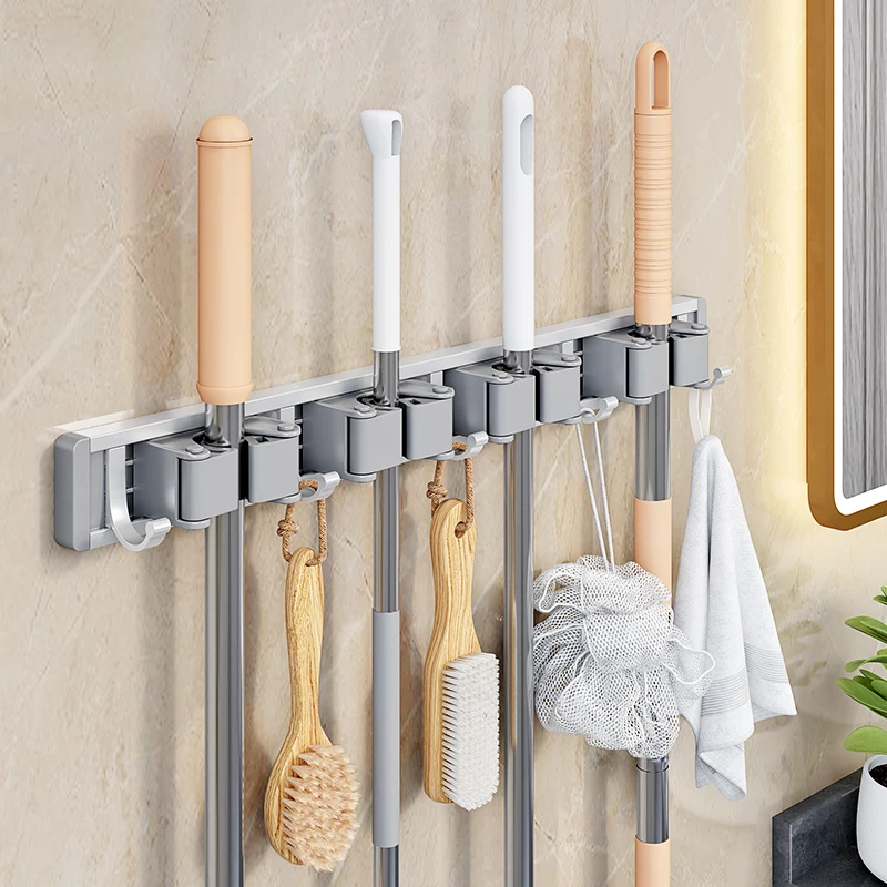 Mop and Broom Organizer Mop Holder Rack Mop Holder Wall Mounted Strong Broom Mop Holder Self With 5 Hooks Organizers Hang Broom