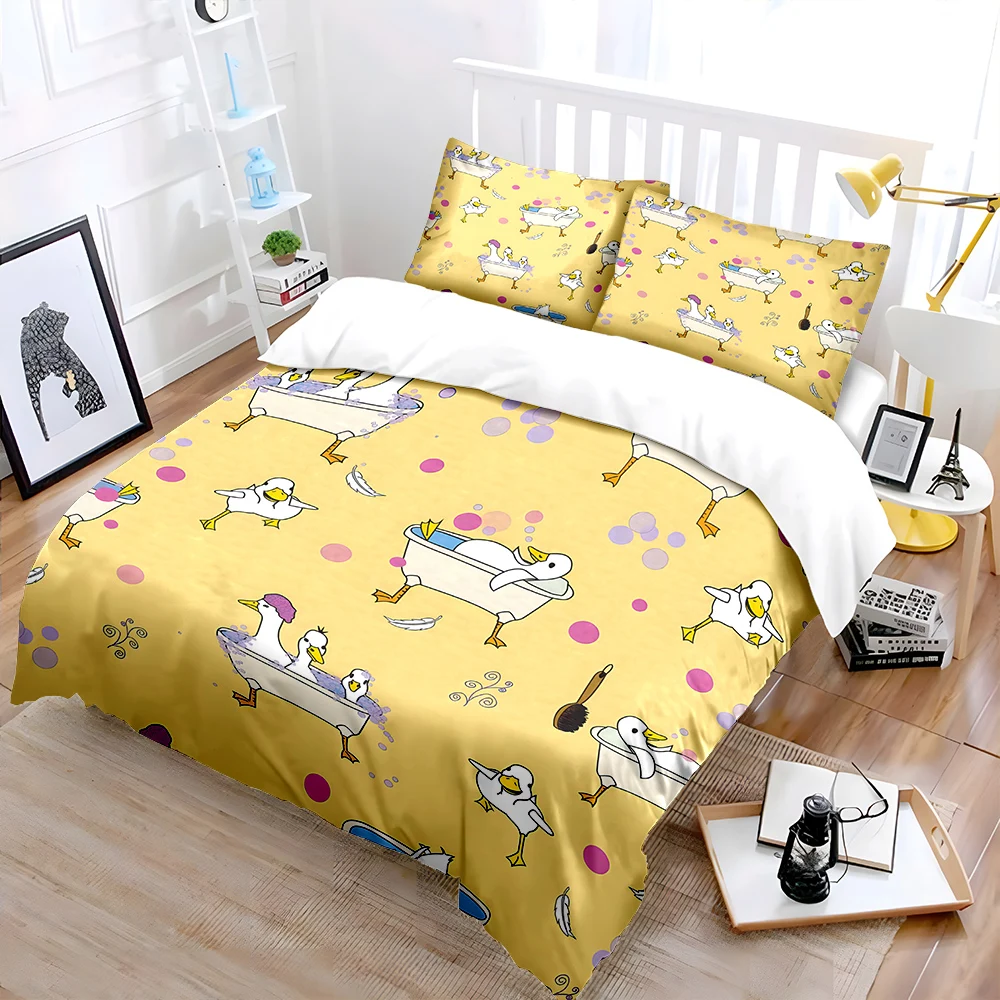 Interesting Duck Bathing Pattern Bedding Set for Kids Luxury Gift 3pcs Digital Print Comforter Set Soft Comfortable Breathable