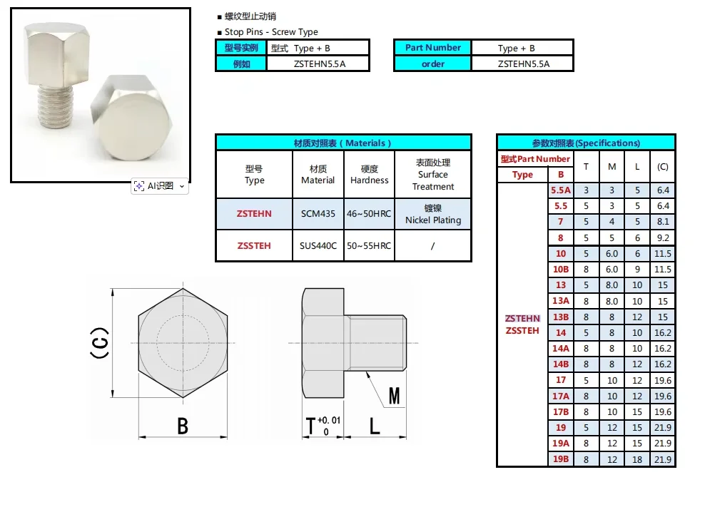 ZSTEHN SCM435 Nickel Plating Hexagon Threaded Stop Pin Bolt Locating Position Screw Automation Industrial