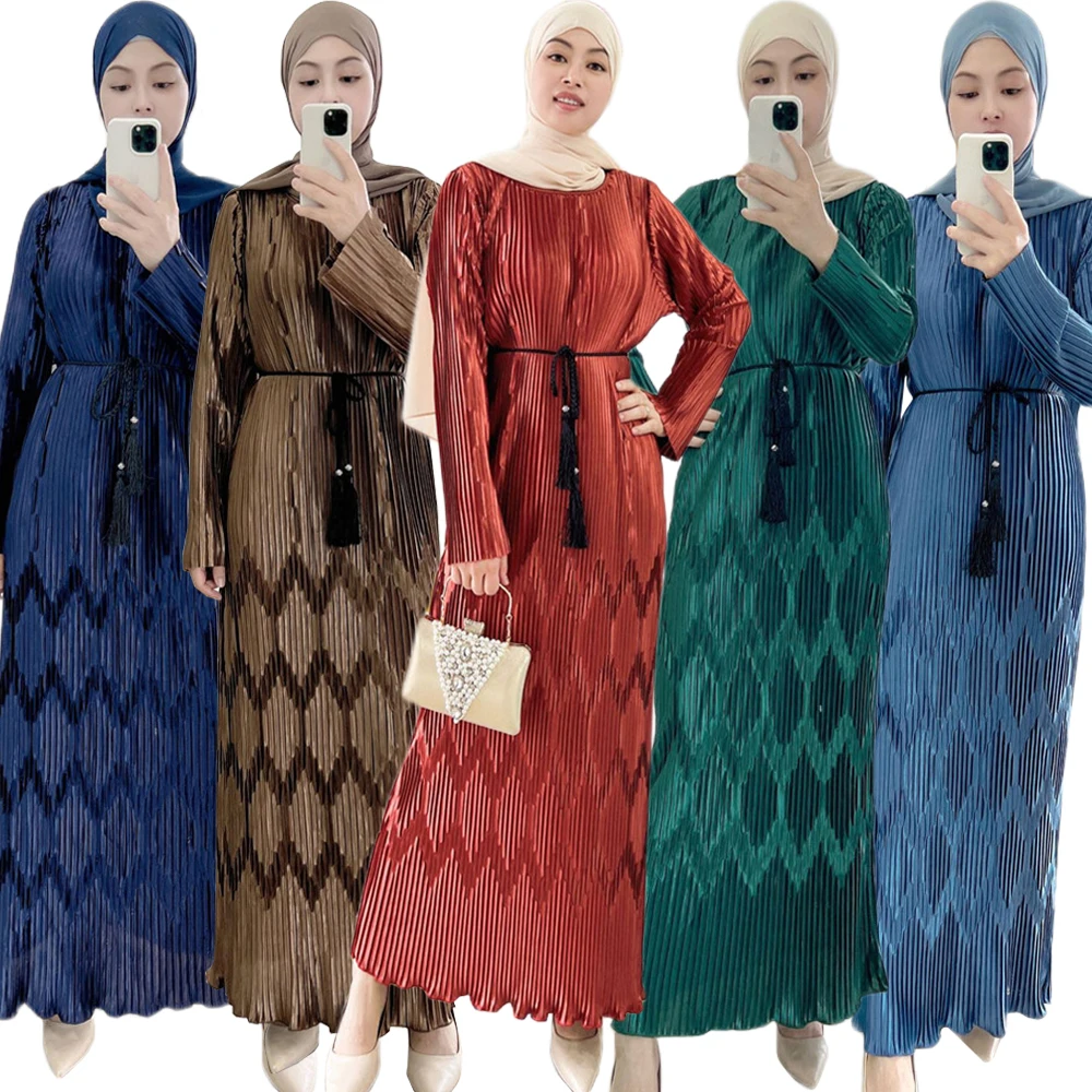 Fashion Muslim Women Abaya Pleated Long Maxi Dress Dubai Islam Turkey Arab Robe Jalabiya Caftan Ramadan Party Clothing Vestidos