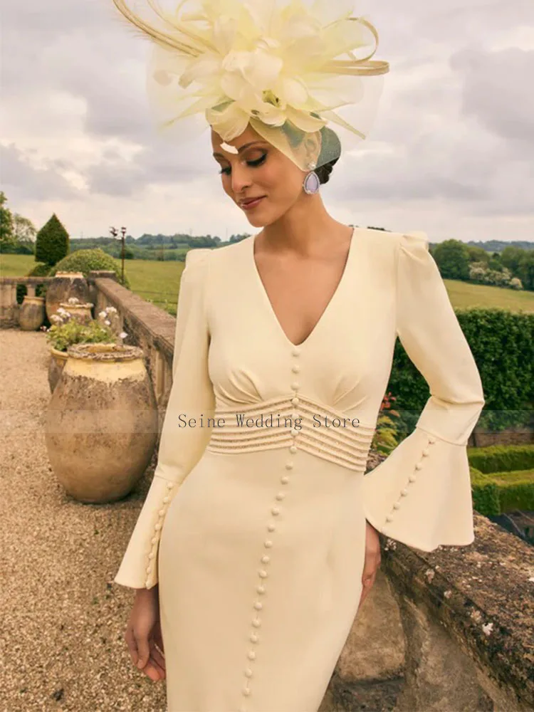 Customized Modern Mother of the Bride Dress Midi Long Sleeves Mermaid Wedding Guest Gowns V Neck Crystal Women's Party Dresses
