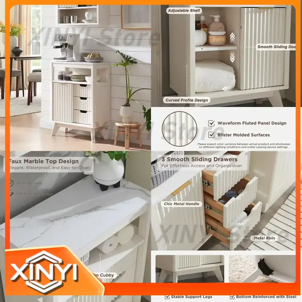 Modern Bathroom Floor Cabinet for Custom Installation with Sliding Door Built-in Adjustable Shelf 1 Door 3 Drawer Design