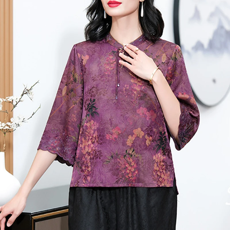 BirdTree 100%Real Silk XiangYunSha T-Shirt Women,Stand Neck Floral,Versatile Temperament Plus Size Top,2024 Spring New T42320QD