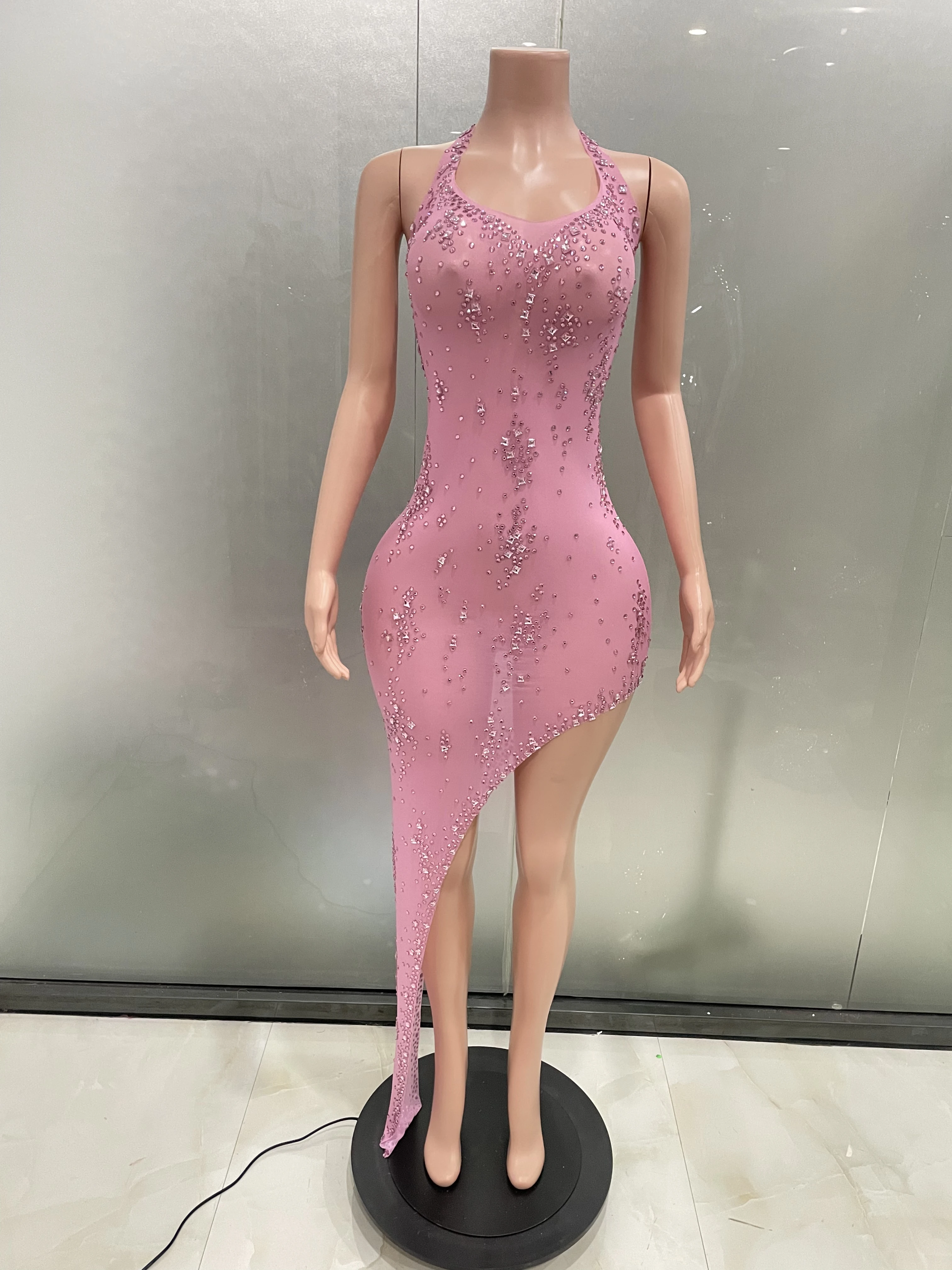 Women Sexy Backless Pink Mesh Rhinestone Dress Stage Performance Costume Elegant Evening Party Birthday Celebration Dresses