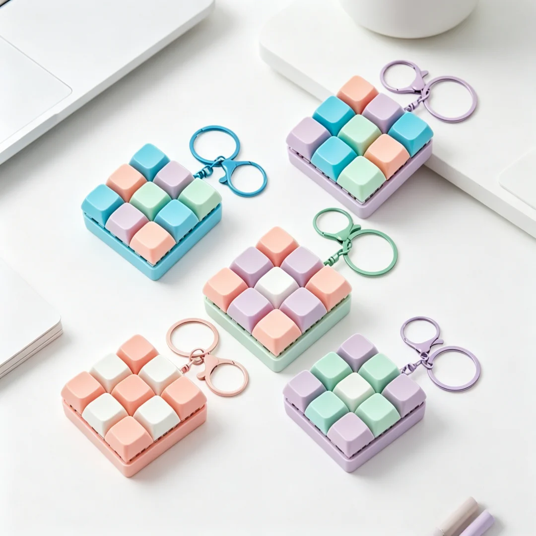 Hot Sale 9 Keys Keyboard Keychain Stress-Relief Toys Clicking Keyboard Toy DIY Button Keycap Keyring Birthday Gifts for Friends