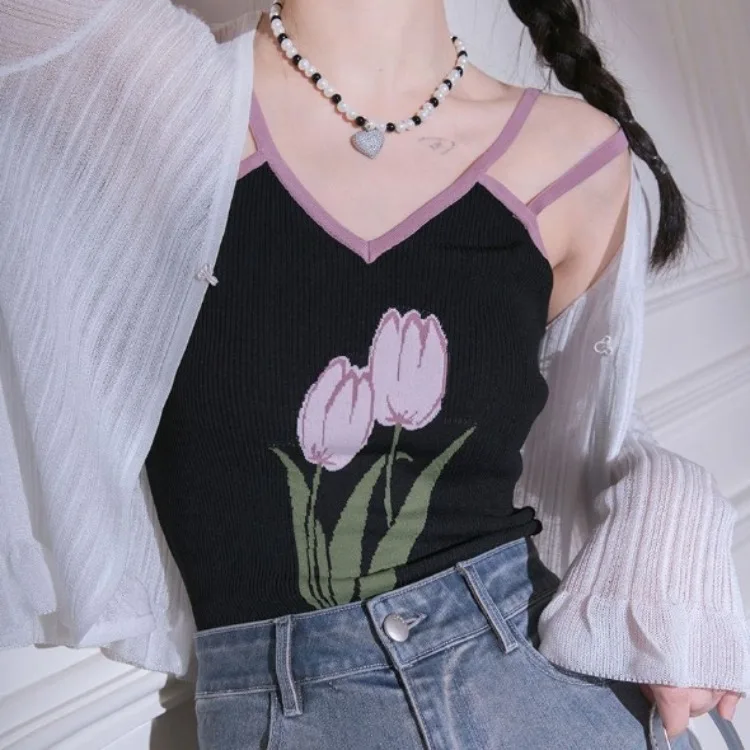 Sweet Tulip Flower Knitted Small Camisole Tops 2024 Summer New Vest for Women Y2k E-Girl Slim Fit Sexy Bottoming Tank Top