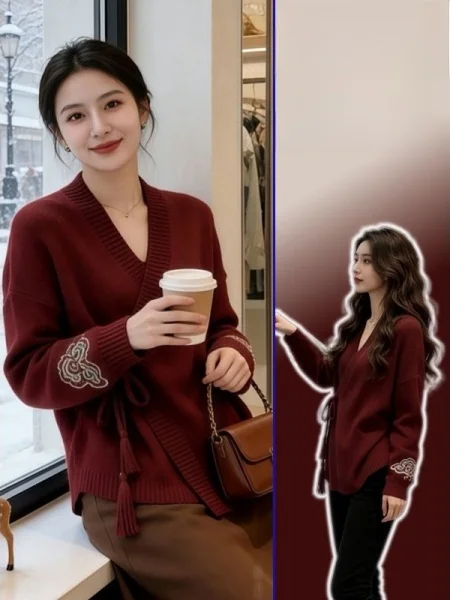 

Вязаный свитер больших размеров с вышивкой, уникальный ретро-топ на Новый год для женщин, удобный, дышащий, с V-образным вырезом, длинными рукавами, во французском стиле