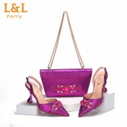 2024 Newest INS Style Magenta Color Elegant High Heels Nigeria Popular Design African Ladies Shoes And Bag Set for Wedding Party