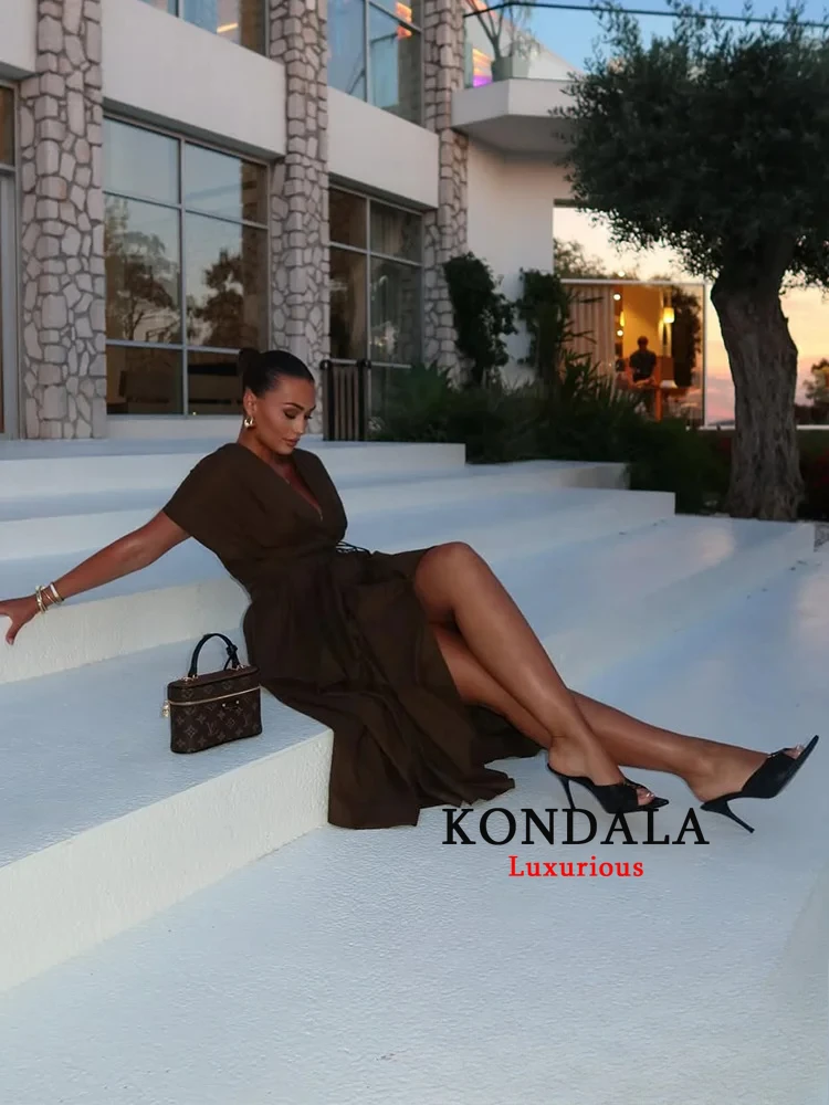 فستان نسائي كلاسيكي أنيق غير رسمي من KONDALA برقبة على شكل حرف v وأربطة ثنيات طويلة موضة صيف 2025 فستان فضفاض قابل للطي للعطلات