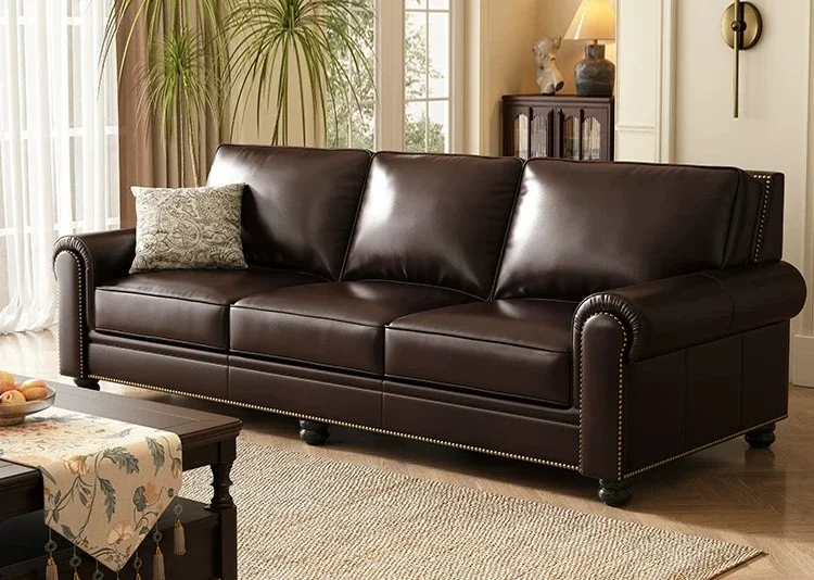 c6 American retro first-layer cowhide medieval sofa small apartment leather sofa Ready to ship and purchase with peace of mind