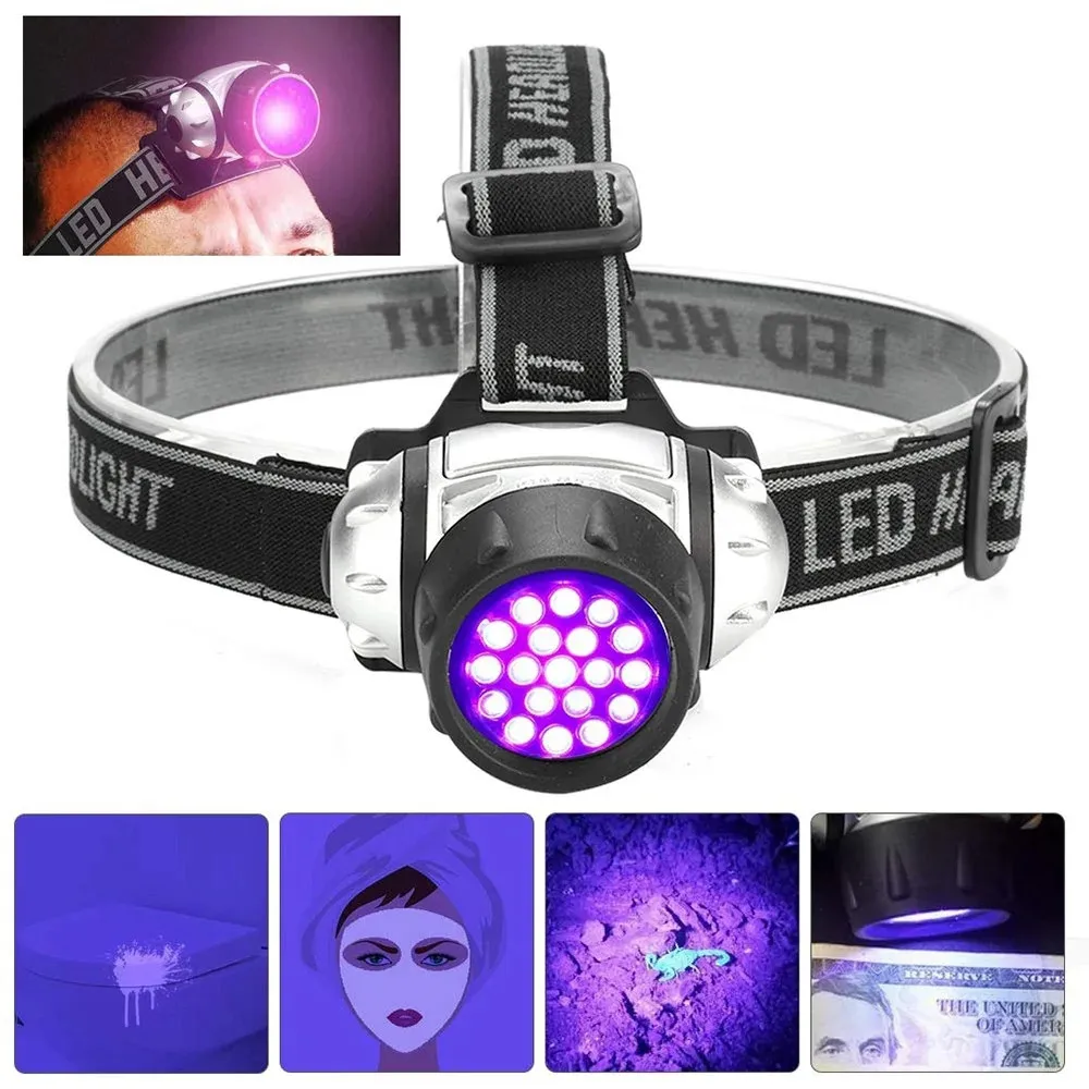 

LED Headlamp UV Purple 395nm UV Rainproof Headlights Ultraviolet Flashlight Battery Camping Hunting Head Torch Light Lamp