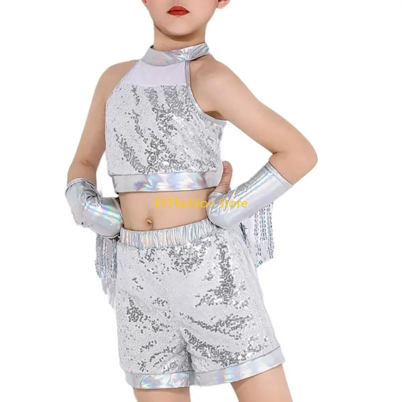 

Y5GC блестящий укороченный топ и шорты для девочек с кисточками и рукавами, детский костюм для латинских танцев с блестками для
