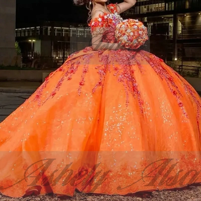 orange quince dress Long Ball Gown Detachable Sleeves Quinceanera The lace Tulle Ball Gown Puffy Sleeve