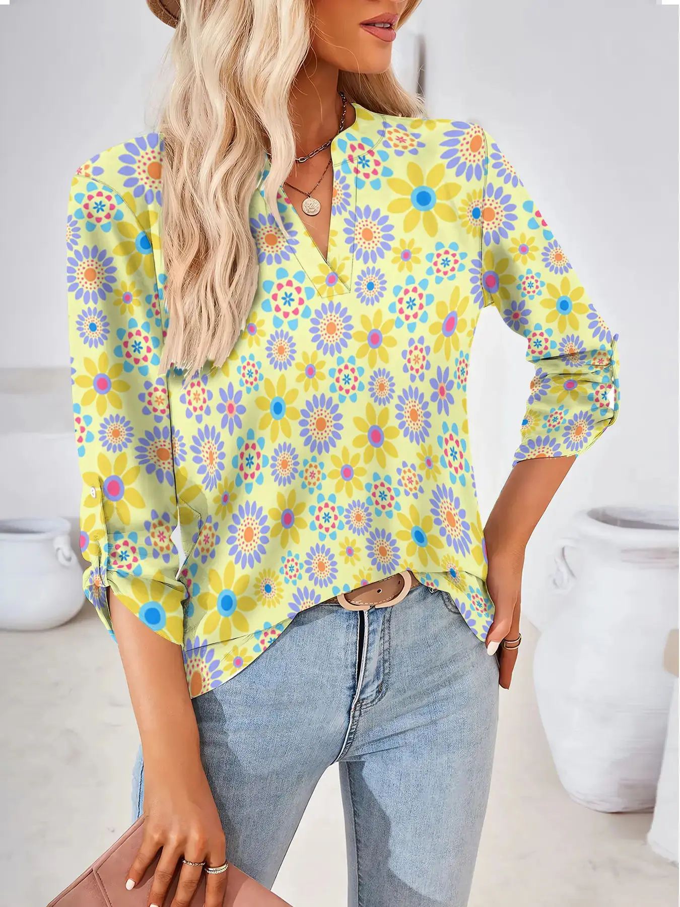 Plus Size Women T-shirts Daisy Floral Printed Tops Spring V-neck Long Sleeve Shirts Oversized Casual Clothing Streetwear