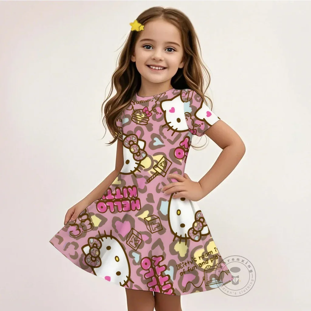 

Летнее платье Sanrio Hello Kitty с 3D принтом, милая расклешенная юбка для девочек 3-16 лет, повседневная одежда с короткими рукавами в стиле аниме, удобный подарок