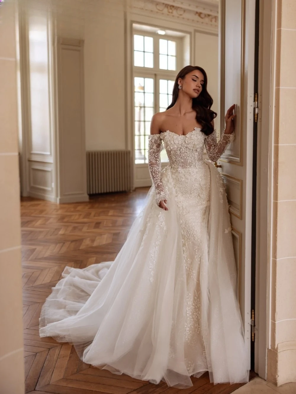 

New Arrival Shiny Beaded Appliques Wedding Dress 3D Flower Off Shoulder Mermaid Bridal Gown Customized Dreamy Dresses for Bride