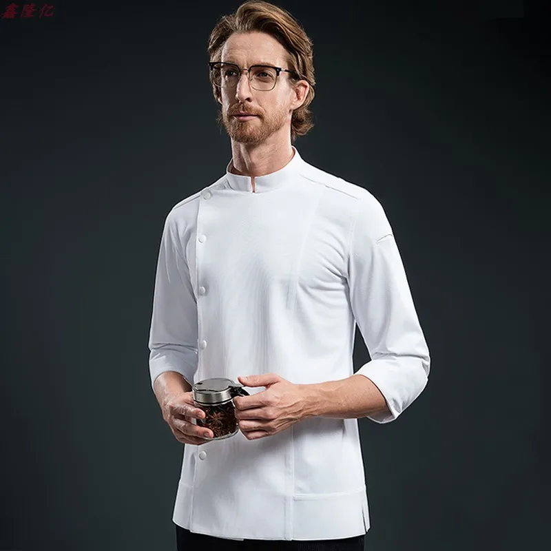 زي عمل طاه الفندق بأكمام طويلة للمطاعم الغربية، قميص أبيض لطهاة الفنادق، ملابس عمل عصرية بصدر واحد