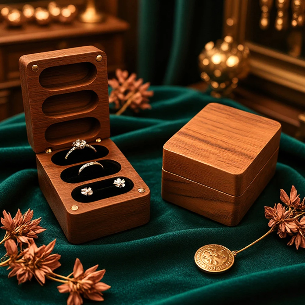 

Винтажная деревянная шкатулка для колец для мужчин и женщин - 3 отделения, роскошный футляр для хранения ювелирных изделий из массива дерева, подарок на свадьбу, портативный органайзер для путешествий