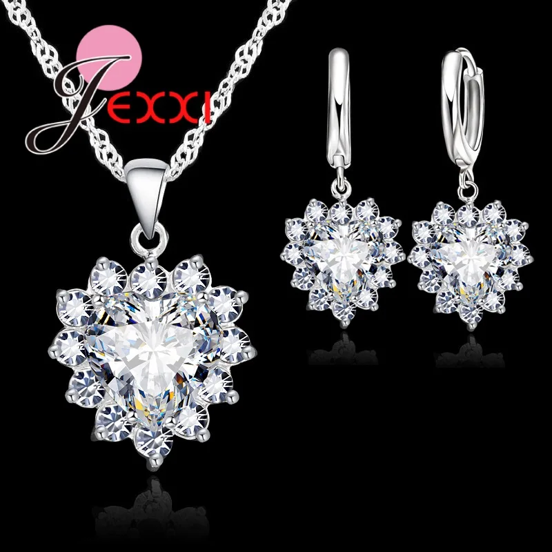 New Fashion 925 Sterling Silver Cubic Zirconia Necklace Loop Earring Jewelry Sets Romantic Heart Lover Wedding Gifts