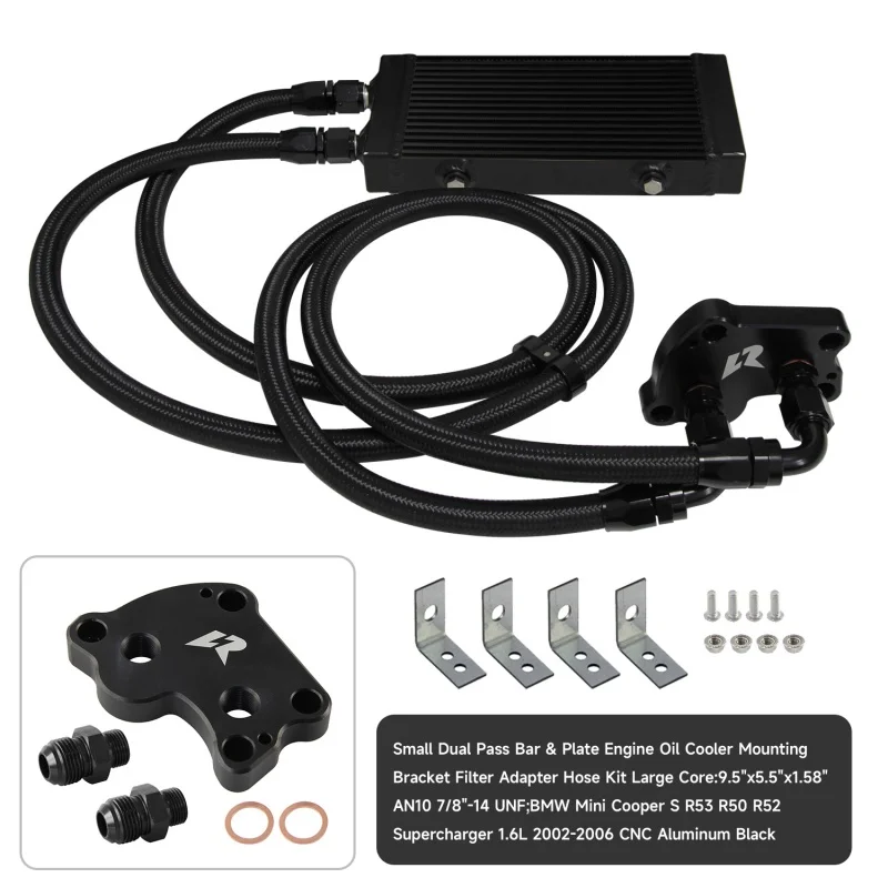 Kleiner/mittlerer/großer Dual-Pass-Bar- und Plattenölkühler mit AN10-Ölschläuchen und Adapterplatte für Mini Cooper S R53 R50 R52 1.6L 02–06
