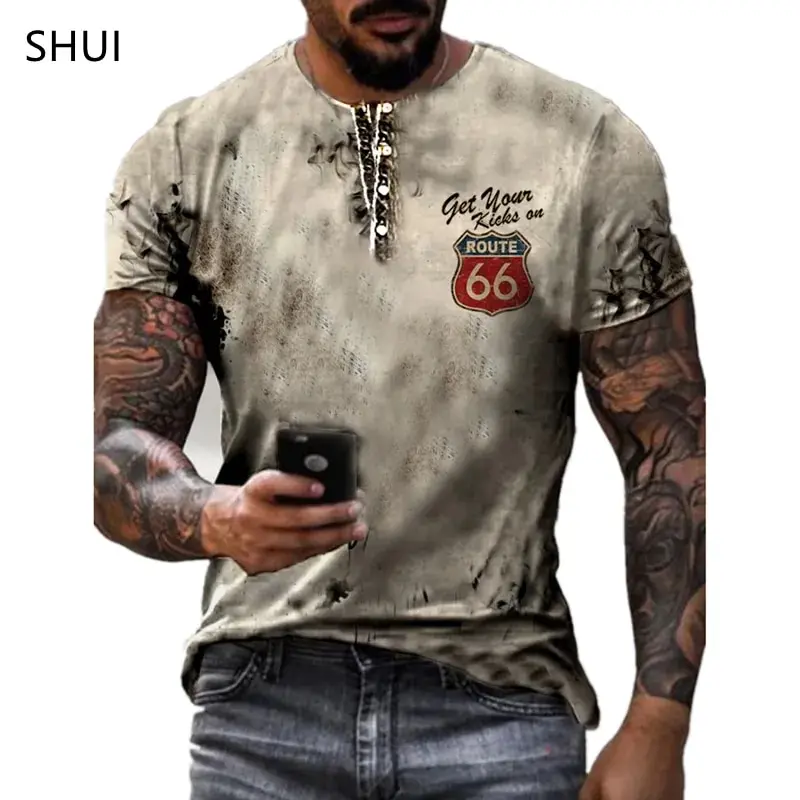 Men\'s Summer  T-shirt Plus Size Loose Vintage  Fitting Vintage Short Sleeve Fashion US Route 66 Letter Print 3D O-Neck T-shirt