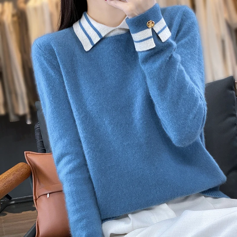 Cashmere Sweater Women\'s 100% Wool Sweater Autumn and Winter New Loose Polo Pullover High end Knitted Soft Color Matching Top