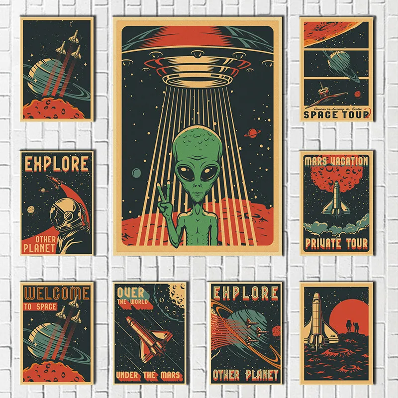 Space Planet Rocket Astronaut Star Wall Art Kraft Paper Poster And Prints Wall Pictures Room Decor
