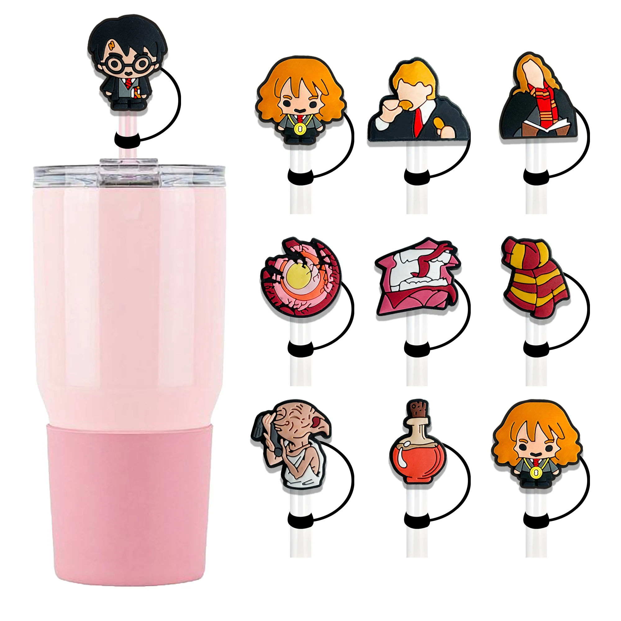 

6-9PCS Harry Potter Magic Cartoon Silicone 10mm Straw Caps For Stanley 30&40 Oz Tumble Dust-Proof Reusableaw sleeve Boys Gift