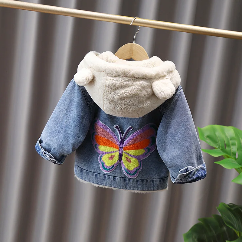 Baby Mädchen Jeans-Fleece-Kapuzenjacke 2026 Herbst Winter Kinder Niedliche Hasen-Applikation Dicker Warmer Mantel Kinderbekleidung Oberbekleidung – Detail 6