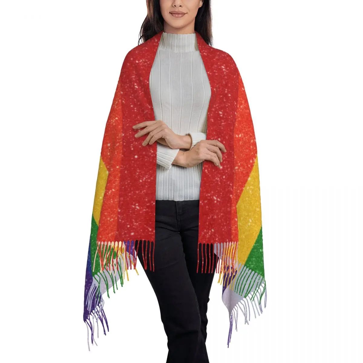 Faux Glitter Rainbow Pride Flag Scarf Wrap for Women Long Winter Warm Tassel Shawl Unisex LGBT Gay Lesbian Scarves