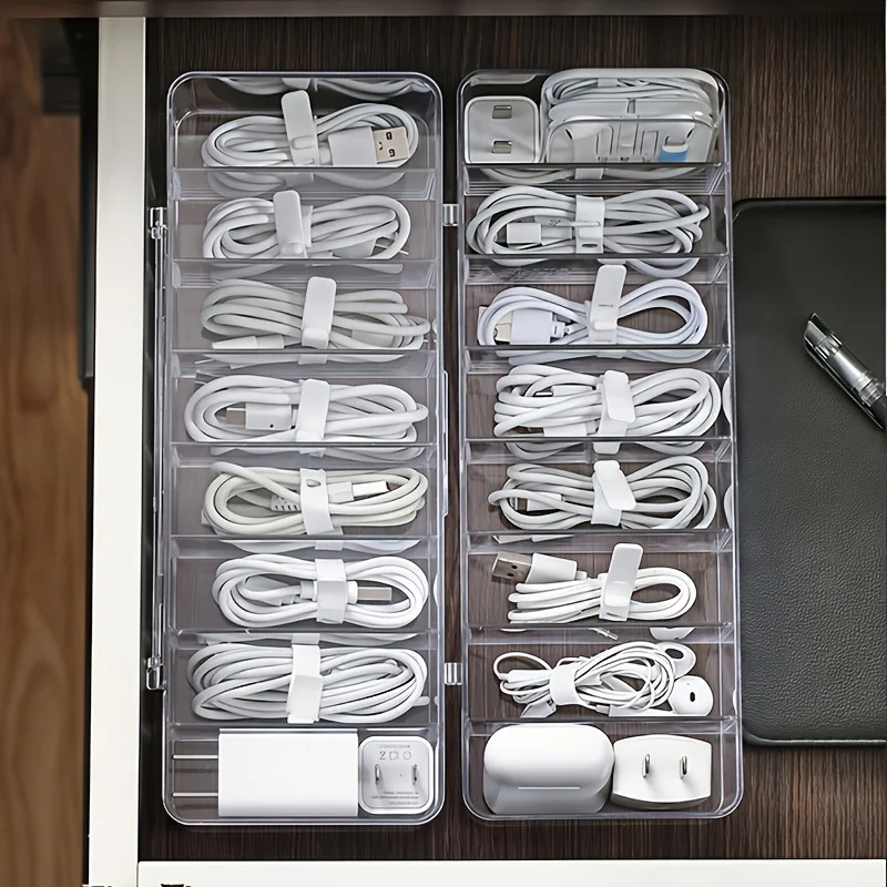 8-Compartment Data Cable Storage Box, Transparent Visible Storage Box with Lid Made of Pet Material, Suitable for Cable Management, Charging Cords, and Accessory Organization, with Cable Organizer, Office Drawer Desktop Organization and Storage Box