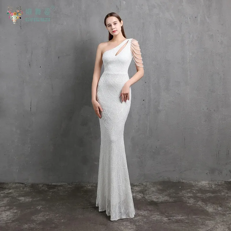 

Wedding Banquet Luxury Bead Embroidery Craftsmanship Evening Dress for Woman Sexy Beads One Shoulder Sequin Fishtail Skirt