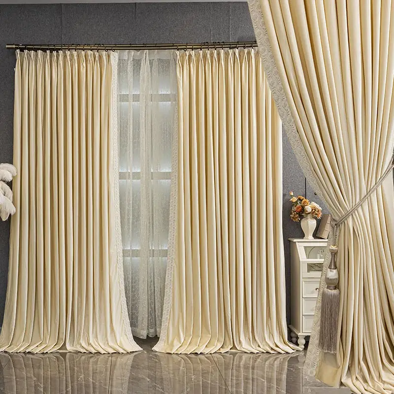 customize New French high-end thickened velvet design with cream white  cloth blackout curtain tulle drape C2200