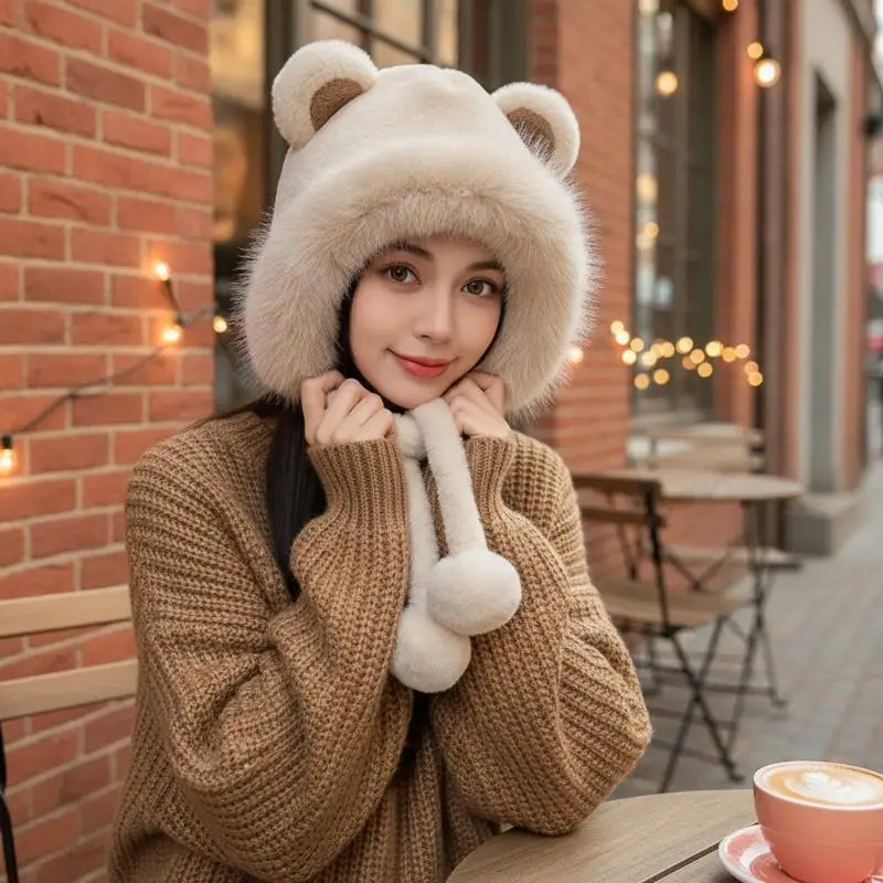 Winter Warm Cute Plush Bear Ear Hat Women Warm Faux Fur Beanie Trapper Hat with Strap Ear Flap Windproof Thick Fuzzy Cap Costum