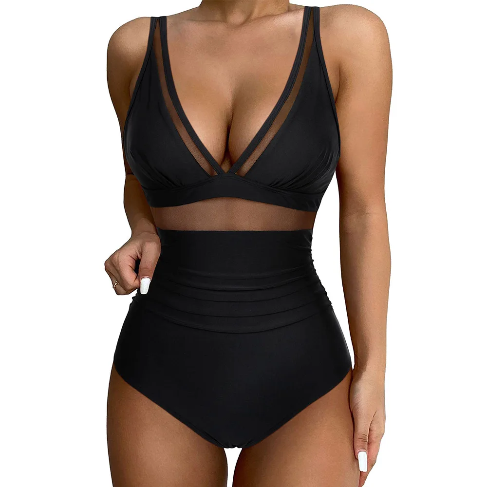 2024 Sexy One Piece Swimsuit Women Mesh Strappy Plunge Swimwear Tummy Control Bathing Suits Beach Wear Monokini Swimming Suit