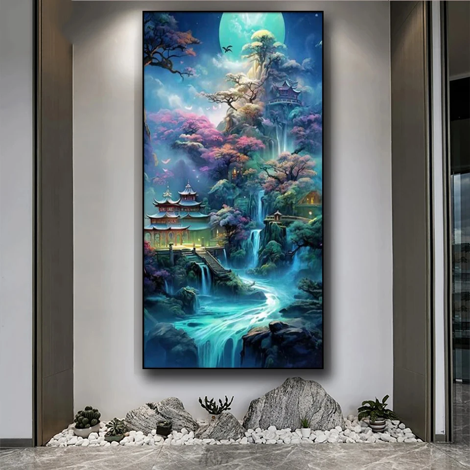 

Large Size Chinese style Diamond Painting Mountain and Waterfall Scenery 5d Diy Embroidery Mosaic Home Decor Cross Stitch G419