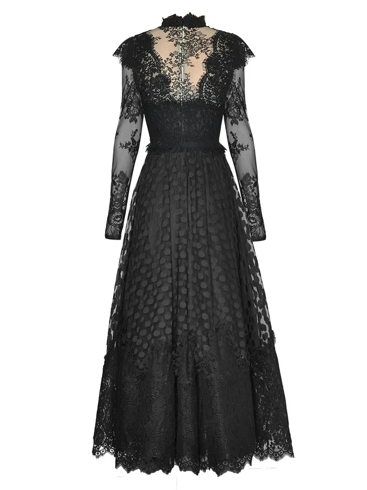 Catwalk Designer Spring High Quality Women's Fashion Party Black Lace Chic Casual Pretty Classic Tassels Long Dresses For Women