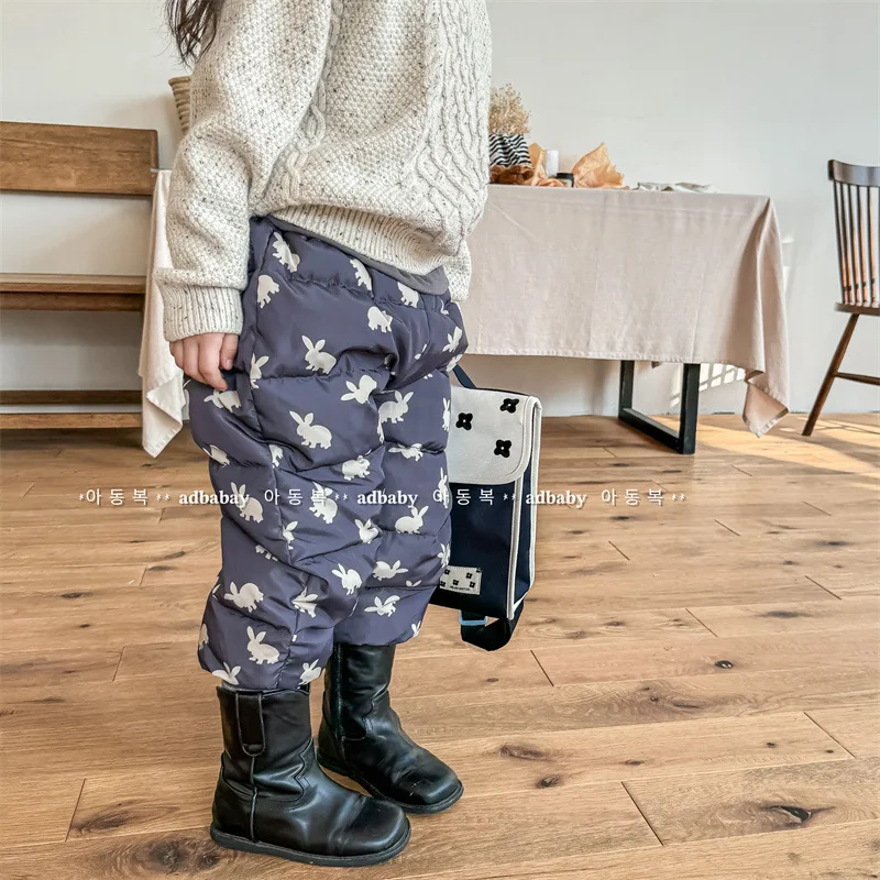 Winter 2025 Girls Korean Style Cotton Pants Thickened Warm Fleece Lined Trousers for Kids 1 To 7 Years Bunny Print