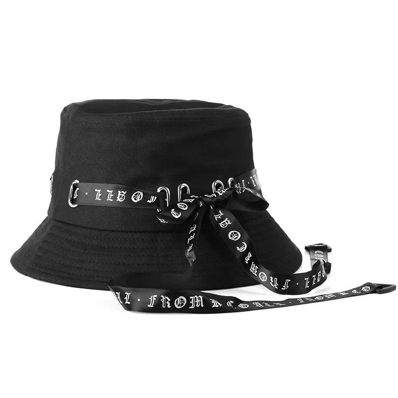 INS Fashion Woman Summer Fisherman Harajuku Letter Long Ribbon Sunshade Hat Versatile Couples Trendy Basin Black Caps Gorras