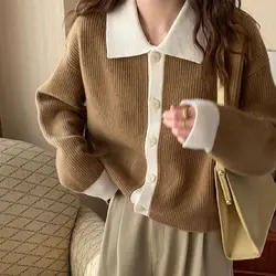 Korean Contrasting Colors Sweaters Female Clothing Patchwork Stylish Polo-Neck Autumn Winter Single-breasted Knitted Cardigan