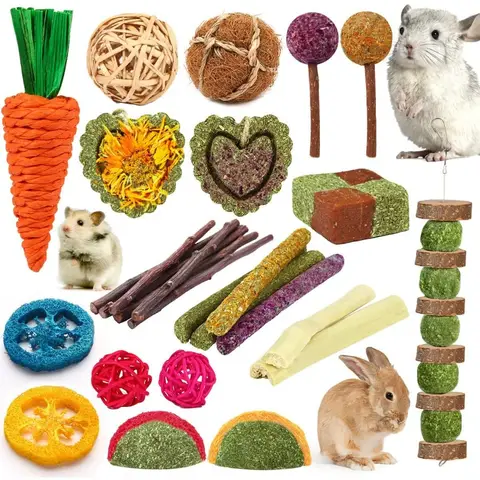 Natural Timothy Hay and Apple Wood Sticks for Small Pets Teeth Care Handmade Chew Toys Set of 27 Pieces Ideal for Rabbits Guine