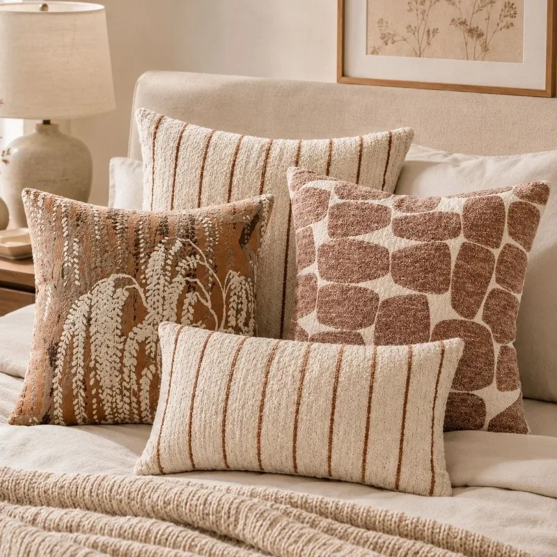Luxury Cozy Chenille Jacquard Cushion Cover Wabi Sabi Beige Neutral Textured Throw Pillow Cover for Couch Aesthetic Home Decor