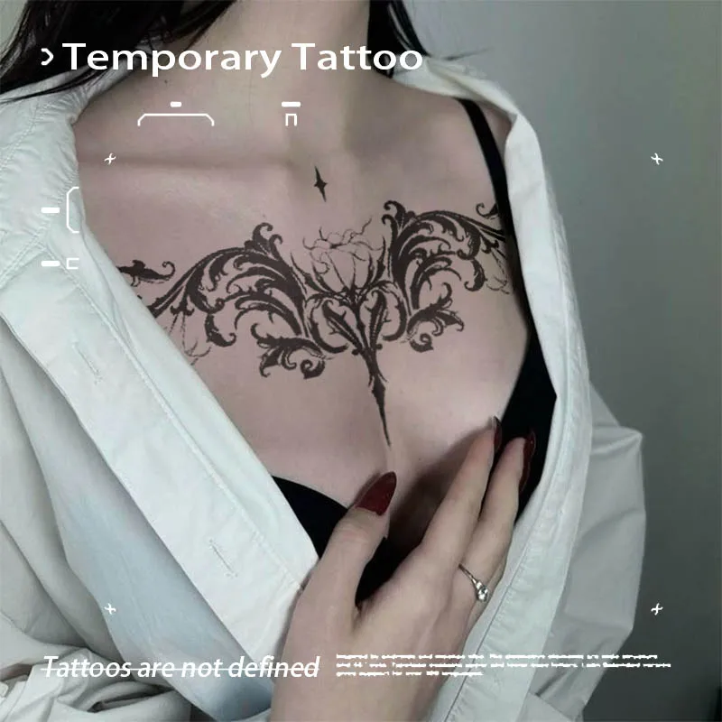 

Herbal Juice Semi-Permanent Tattoo Sticker Gothic Chest Floral Pattern Waterproof Long Lasting Fake Tattoo for Women Body Art