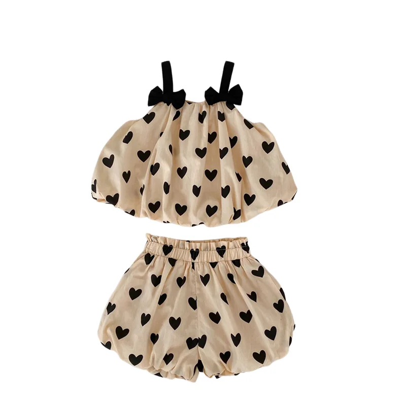 2026 Summer 2PCS Heart Print Cotton Baby Girls Suits Sleeveless Bow Double Layer Apricot Strap Top Toddler Shorts Set, Versatile