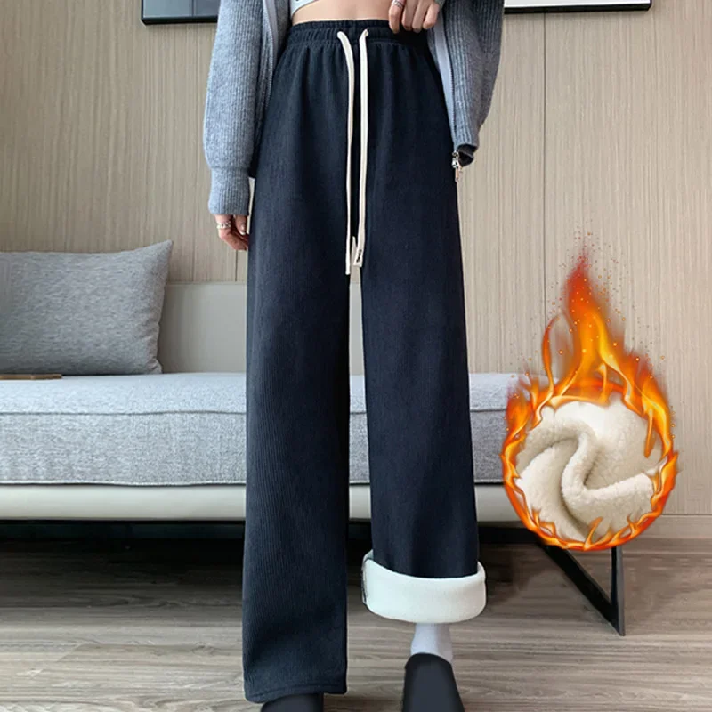 

Зимние прямые брюки, теплые утолщенные вельветовые брюки для женщин, широкие спортивные штаны, плюшевые повседневные женские брюки с высокой талией