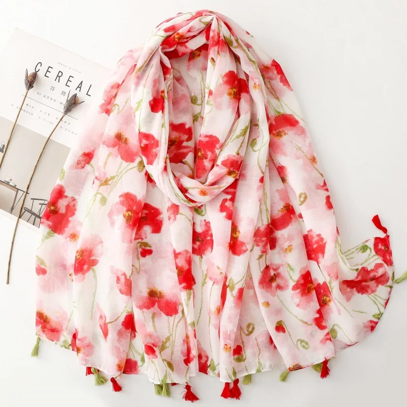 

Luxury Red Floral Women Scarf Summer Beach Shawl Cotton Linen Feeling Tassel Pashmina Muslim Hijab Wrap Lady Viscose Scarf
