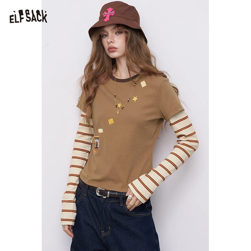 ELFSACK 2025 Herfst Nieuwe Collectie Y2K Faux Tweedelige Streep Tee Gestructureerde Slanke Top Voor Vrouw